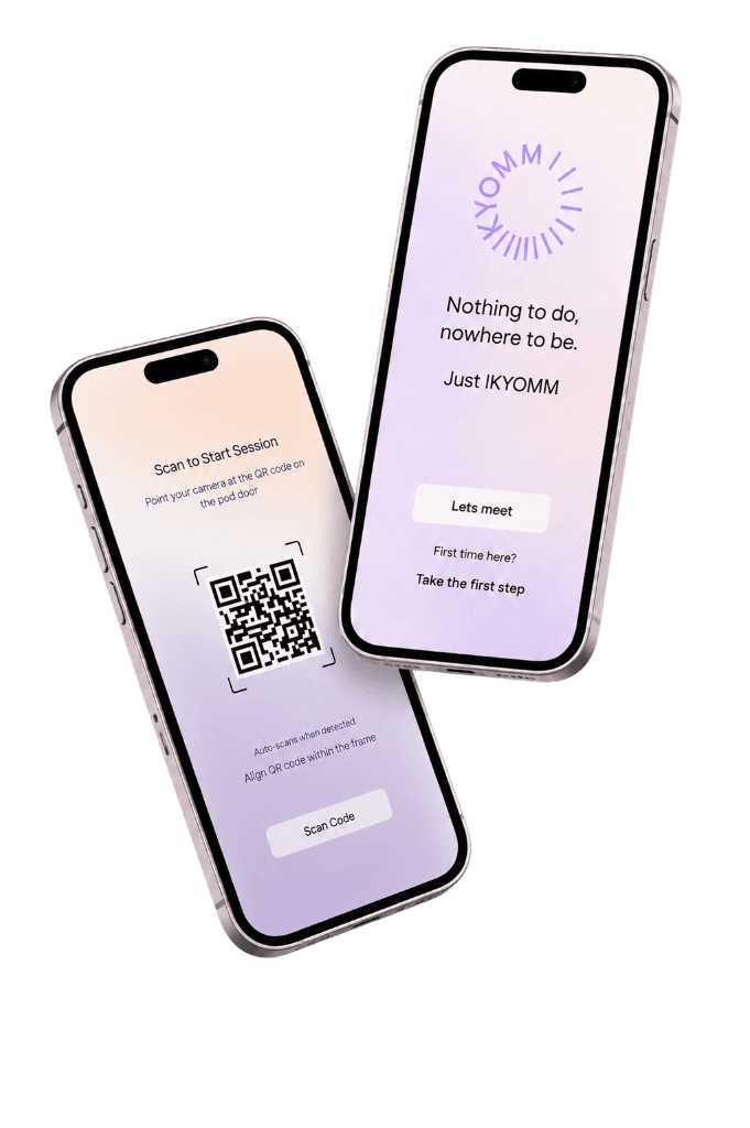 IKYOMM app phone mockup showing a calm onboarding screen