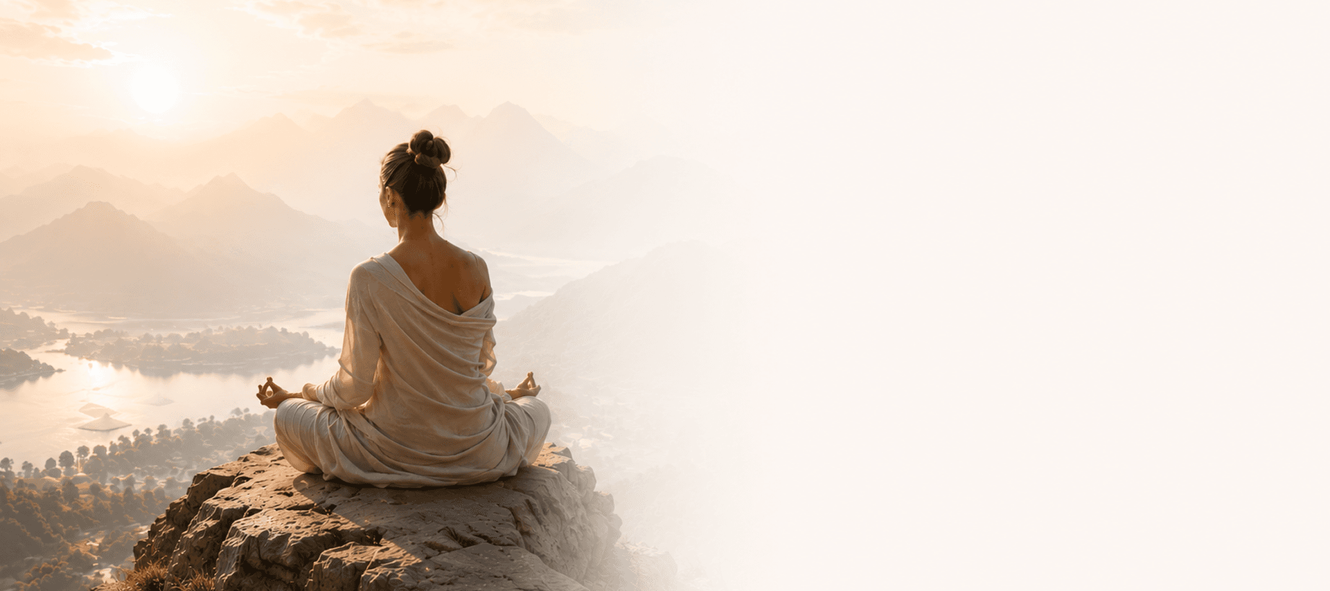 A woman meditating on a mountain ledge overlooking a calm sunrise valley.